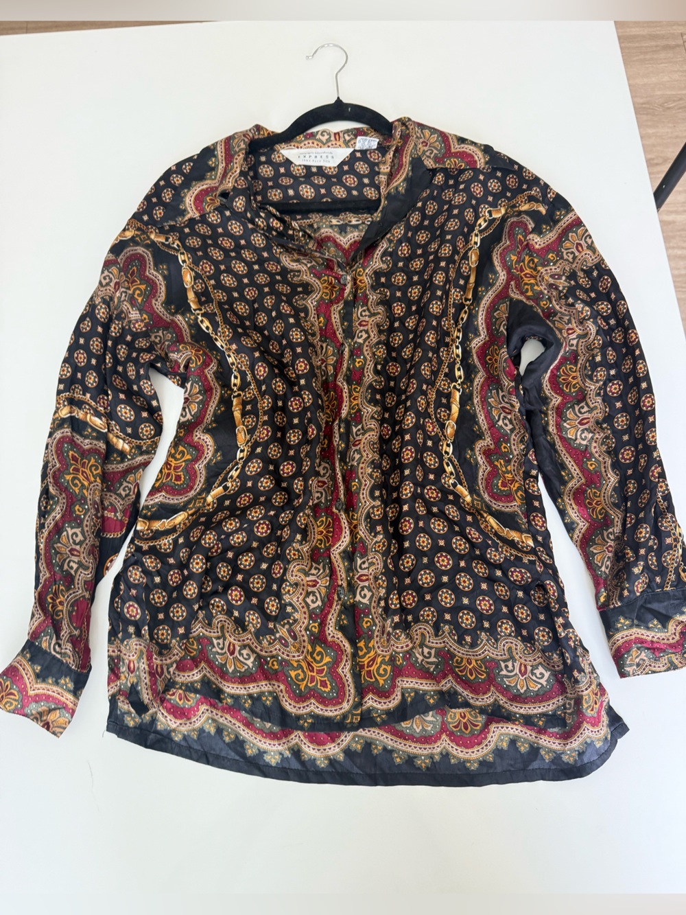 Express 100% silk blouse with Burgundy and Gold Paisley